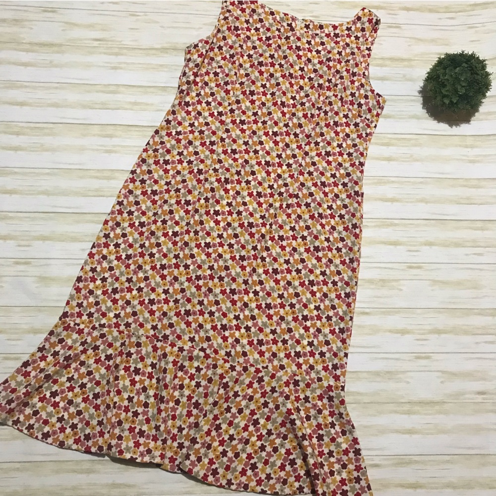 Vintage 1970s Style Floral Ruffle Peplum Long Modest Midi Dress Sleeveless 14